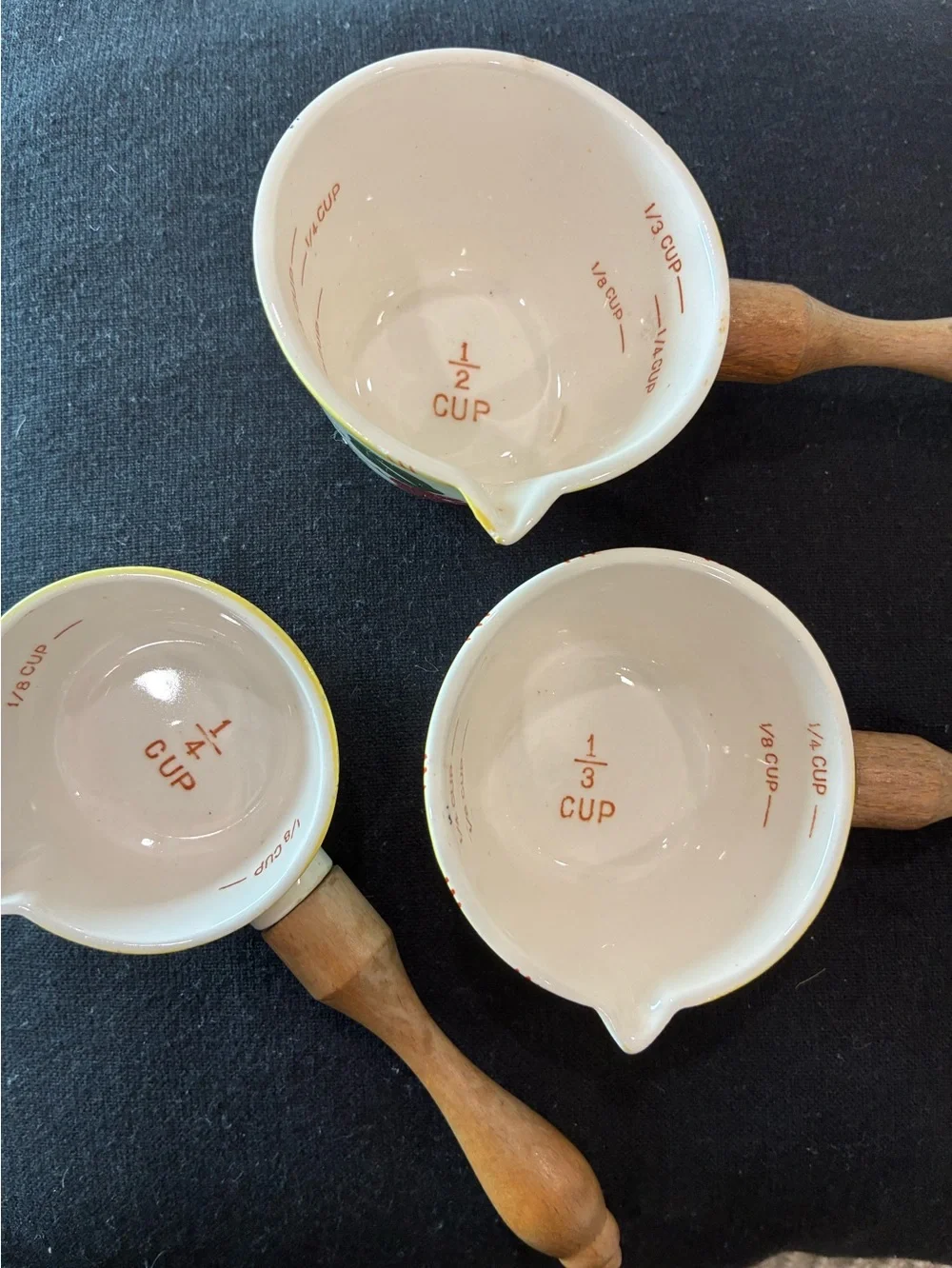 Vintage Hand-Painted Ceramic Measuring Cups with Wood Handles - Set of 3